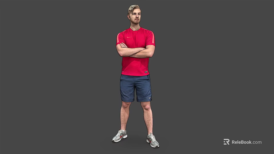 Man in Red T-shirt and Blue Shorts Standing with Arms Crossed Against Gray Background 3d model 
