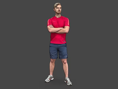 Man in Red T-shirt and Blue Shorts Standing with Arms Crossed Against Gray Background 3d model