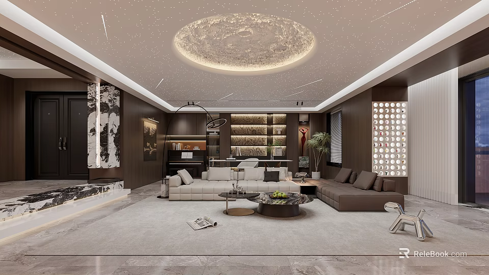 Modern Living and Dining Room Interior with Circular Ceiling Light Sofa Coffee Table and Bookshelf 3d model 