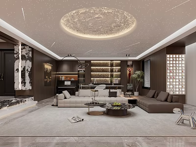 Modern Living and Dining Room Interior with Circular Ceiling Light Sofa Coffee Table and Bookshelf 3d model