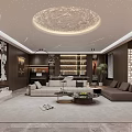 Modern Living and Dining Room Interior with Circular Ceiling Light Sofa Coffee Table and Bookshelf