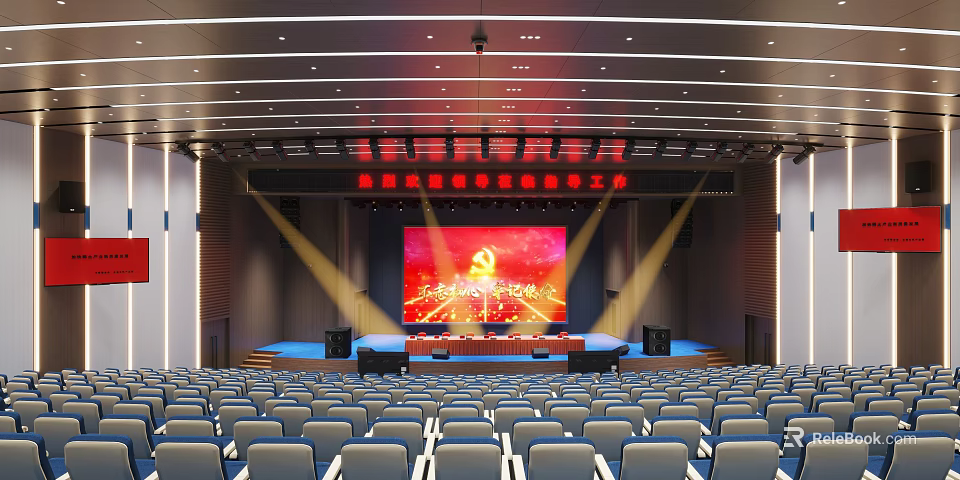 Large Conference Hall Interior With Stage Large Screen Party Emblem Red Background And Arranged Seats 3d model 