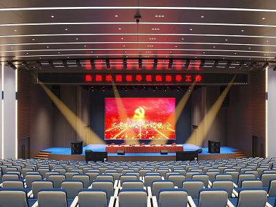 Large Conference Hall Interior With Stage Large Screen Party Emblem Red Background And Arranged Seats 3d model