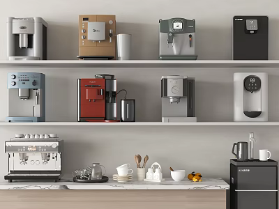 Modern Daily Electrical Appliances In Various Styles On Kitchen Shelves And Countertop 3d model