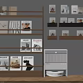 Modern Wooden Bookshelf With Shelves Books Photo Frames And Pet Litter Box On Wooden Floor