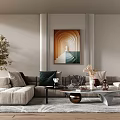 Modern Living Room Interior With Neutral Tones Sofa Area Rug Coffee Table And Decorative Painting