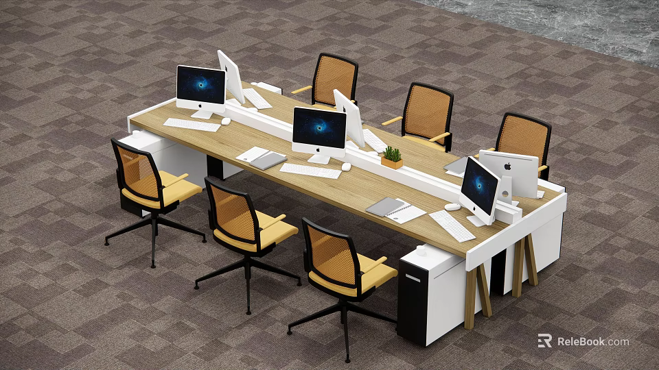 Long Modern Office Desk With Computer Monitors Chairs Keyboards Mice And Small Plant 3d model 