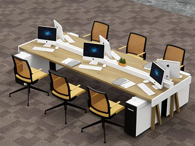 Long Modern Office Desk With Computer Monitors Chairs Keyboards Mice And Small Plant 3d model