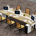Long Modern Office Desk With Computer Monitors Chairs Keyboards Mice And Small Plant