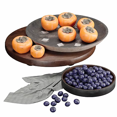 Fresh Persimmons and Blueberries on Wooden and Stone Plates with Gray Cloth 3d model