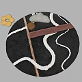 Stylish Round Rug With Black Base White Curved Lines And Brown Accent Design Pattern