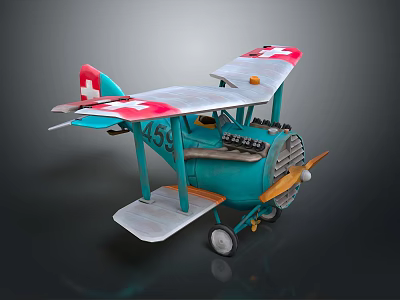Vintage Toy Biplane with Teal Body White Wings Red Cross K59 and Wooden Propeller 3d model