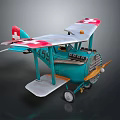 Vintage Toy Biplane with Teal Body White Wings Red Cross K59 and Wooden Propeller