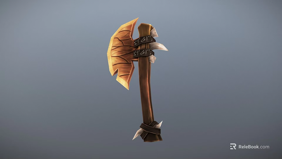 Fantasy Battle Axe with Wooden Handle Orange Carved Blade and Metal Accents 3d model 