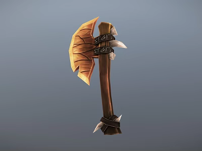 Fantasy Battle Axe with Wooden Handle Orange Carved Blade and Metal Accents 3d model
