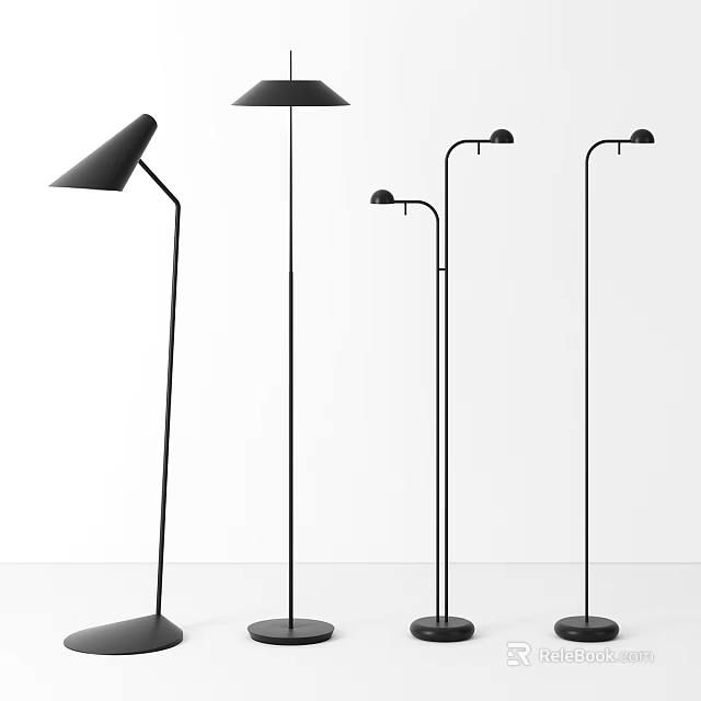 Modern Black Floor Lamps With Various Curved And Straight Designs In White Setting 3d model 