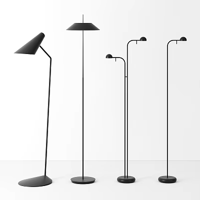 Modern Black Floor Lamps With Various Curved And Straight Designs In White Setting 3d model