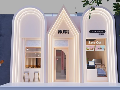 Pink Curved Illuminated Storefront With Ice Cream Signage And Take Out Service 3d model