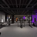Modern Gym Interior With Various Fitness Equipment Purple Lighting Spacious Workout Area And Gray Flooring