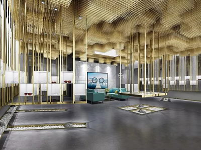 Modern Boutique Store With Gold Ceiling Structure Blue Sofas And Dark Flooring 3d model