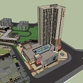 Modern Commercial Complex With High Rise Tower Glass Facade And Shopping Mall