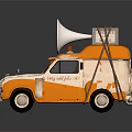 Vintage Yellow And White Van With Large Horn And Box On Roof