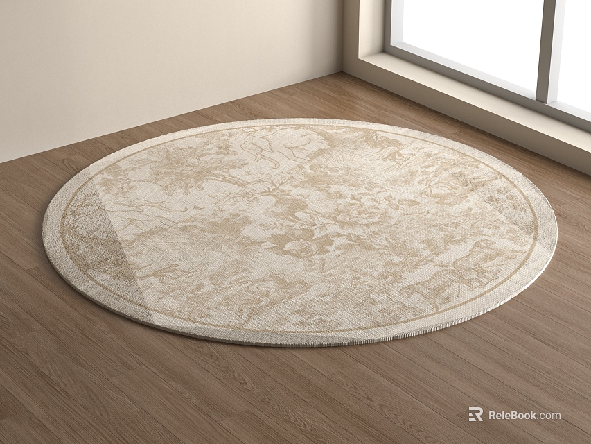 Beige Round Rug With Intricate Floral Pattern For Living Room On Wooden Floor 3d model 