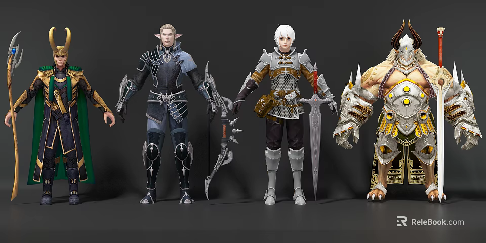Fantasy Game Characters With Diverse Races Warrior Armor And Mythical Weapons 3d model 