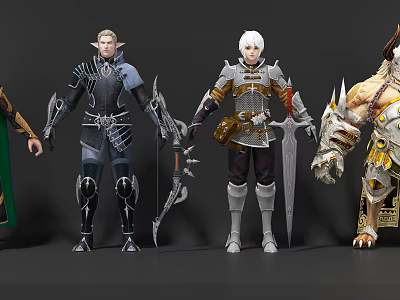 Fantasy Game Characters With Diverse Races Warrior Armor And Mythical Weapons 3d model