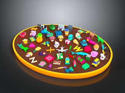Colorful Small Items on Round Platform with Toys Letters Animals and Objects 3d model