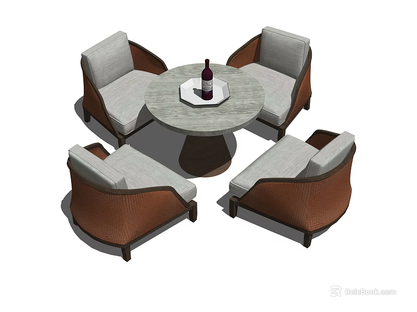 Outdoor Round Table and Wicker Chair Set With Beige Cushions and Stone Top 3d model 
