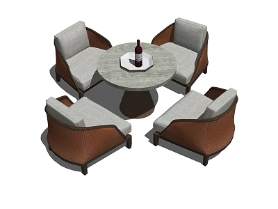 Outdoor Round Table and Wicker Chair Set With Beige Cushions and Stone Top 3d model