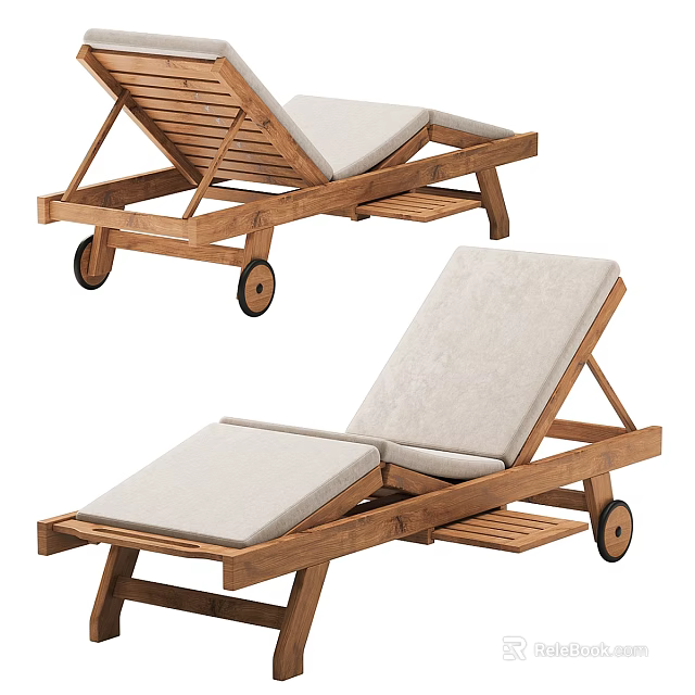 Outdoor Wooden Lounge Chair With White Cushions And Rolling Wheels Design 3d model 
