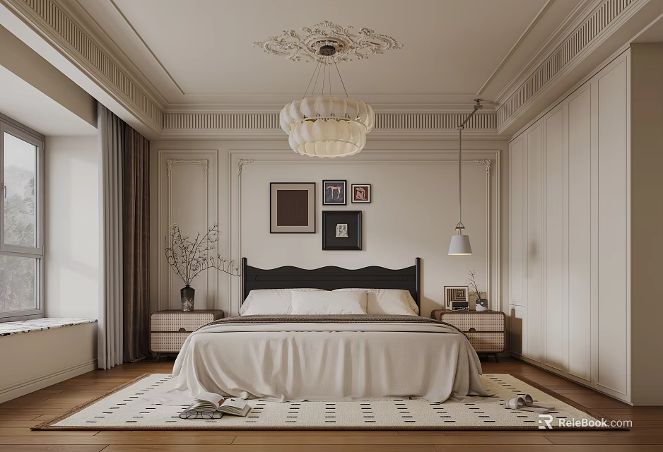 Elegant Bedroom Interior With White Bed Black Headboard Chandelier Crown Molding And Framed Art 3d model 
