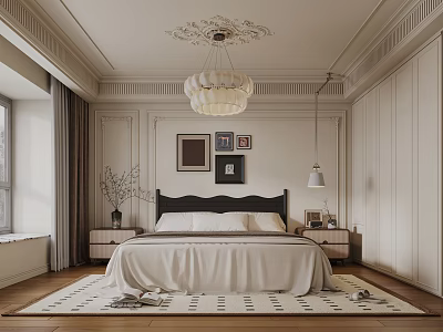 Elegant Bedroom Interior With White Bed Black Headboard Chandelier Crown Molding And Framed Art 3d model