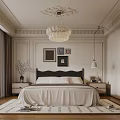 Elegant Bedroom Interior With White Bed Black Headboard Chandelier Crown Molding And Framed Art
