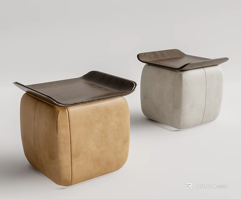 Modern Brown And Light Gray Square Stools With Wooden Seats 3d model 