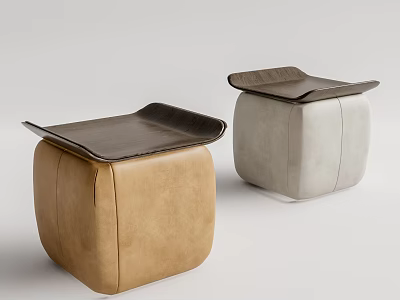 Modern Brown And Light Gray Square Stools With Wooden Seats 3d model