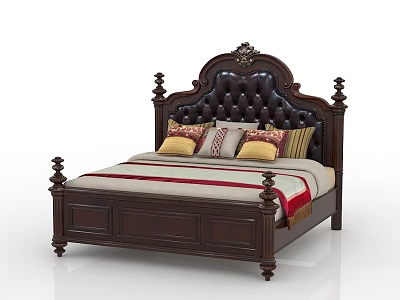 Classic Dark Wood Double Bed With Tufted Headboard And Colorful Decorative Pillows 3d model