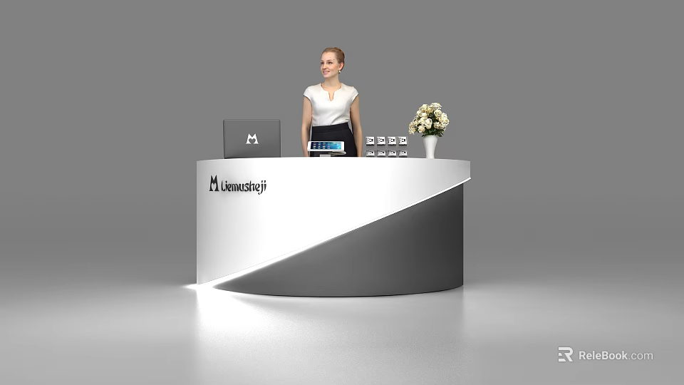 Modern Viewstar Reception Desk With Curved White Gray Design Laptop Flower Vase And Female Receptionist 3d model 