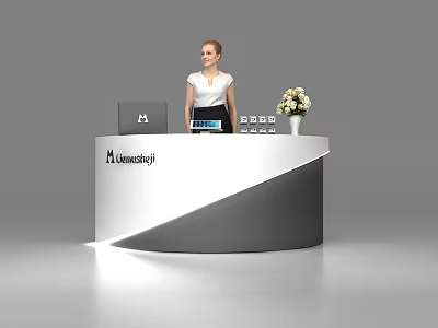 Modern Viewstar Reception Desk With Curved White Gray Design Laptop Flower Vase And Female Receptionist 3d model