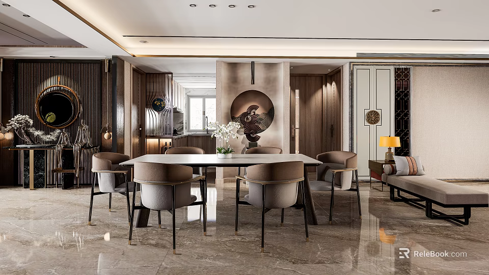 Elegant Modern Restaurant Interior Design With Wooden Dining Table Upholstered Chairs And Decorative Painting 3d model 