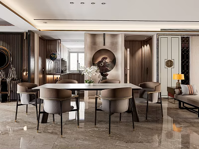 Elegant Modern Restaurant Interior Design With Wooden Dining Table Upholstered Chairs And Decorative Painting 3d model