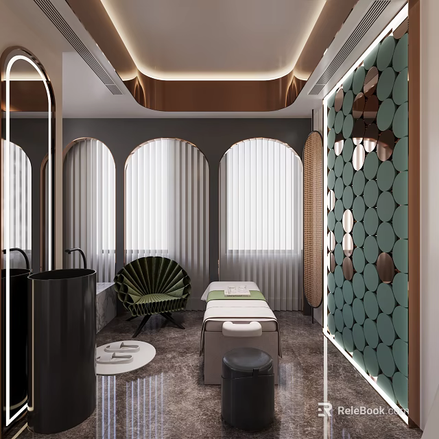 Luxurious SPA Sauna Interior With Massage Table Arched Windows And Decorative Wall 3d model 