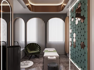 Luxurious SPA Sauna Interior With Massage Table Arched Windows And Decorative Wall 3d model