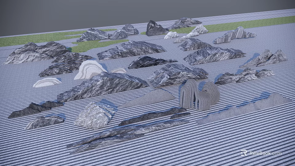 Various Shapes Sizes Stones And Wood Textures On Gray Ground With Green Grass 3d model 