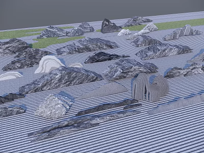 Various Shapes Sizes Stones And Wood Textures On Gray Ground With Green Grass 3d model