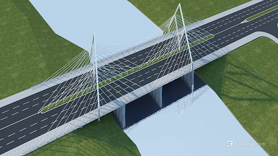 Modern Cable Stayed Bridge With Twin Towers Spanning River Road Lanes Green Grass Water Reflection 3d model 