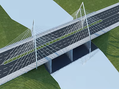 Modern Cable Stayed Bridge With Twin Towers Spanning River Road Lanes Green Grass Water Reflection 3d model