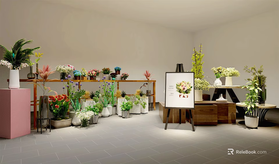 Indoor Bonsai And Potted Plants Display With Wooden Shelves And Flower Arrangements 3d model 